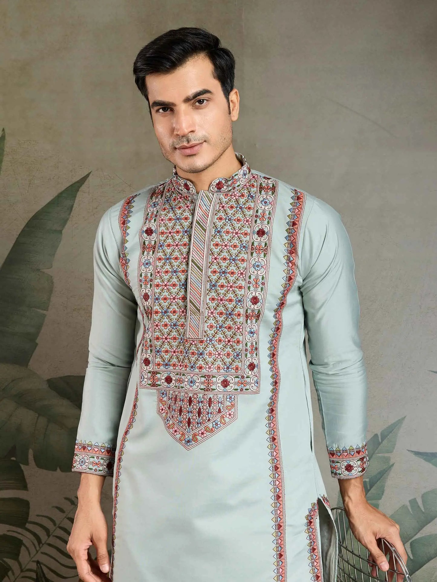 Sky Blue Festive Wear Kurta Set With Multi Thread Sequins Embroidery Work