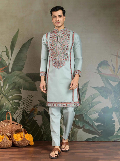 Sky Blue Festive Wear Kurta Set With Multi Thread Sequins Embroidery Work