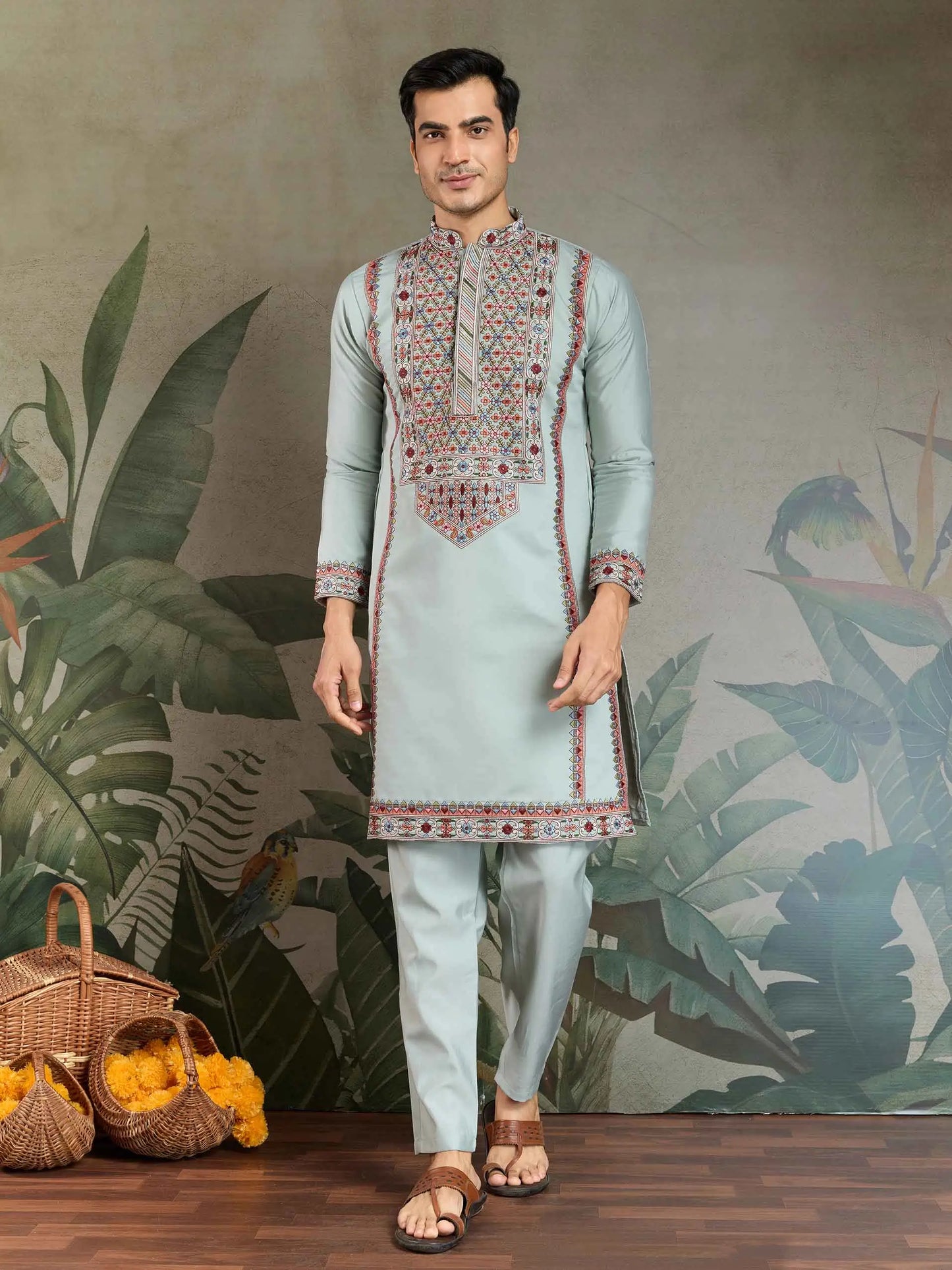 Sky Blue Festive Wear Kurta Set With Multi Thread Sequins Embroidery Work