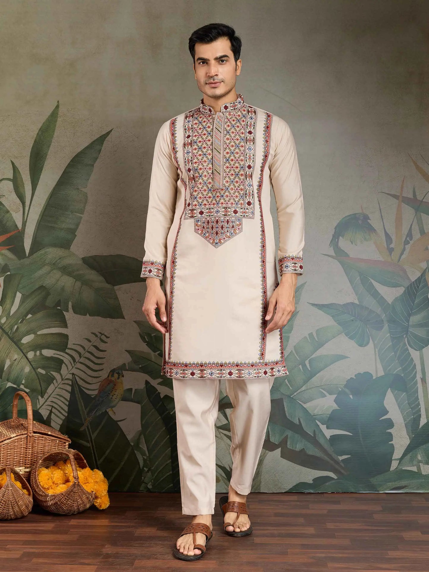Ivory Festive Wear Kurta Set With Multi Thread Sequins Embroidery Work