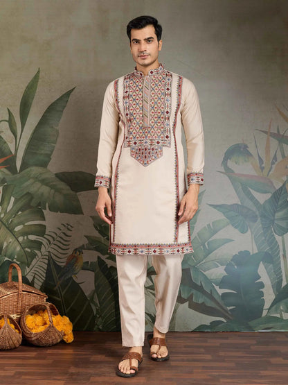 Ivory Festive Wear Kurta Set With Multi Thread Sequins Embroidery Work