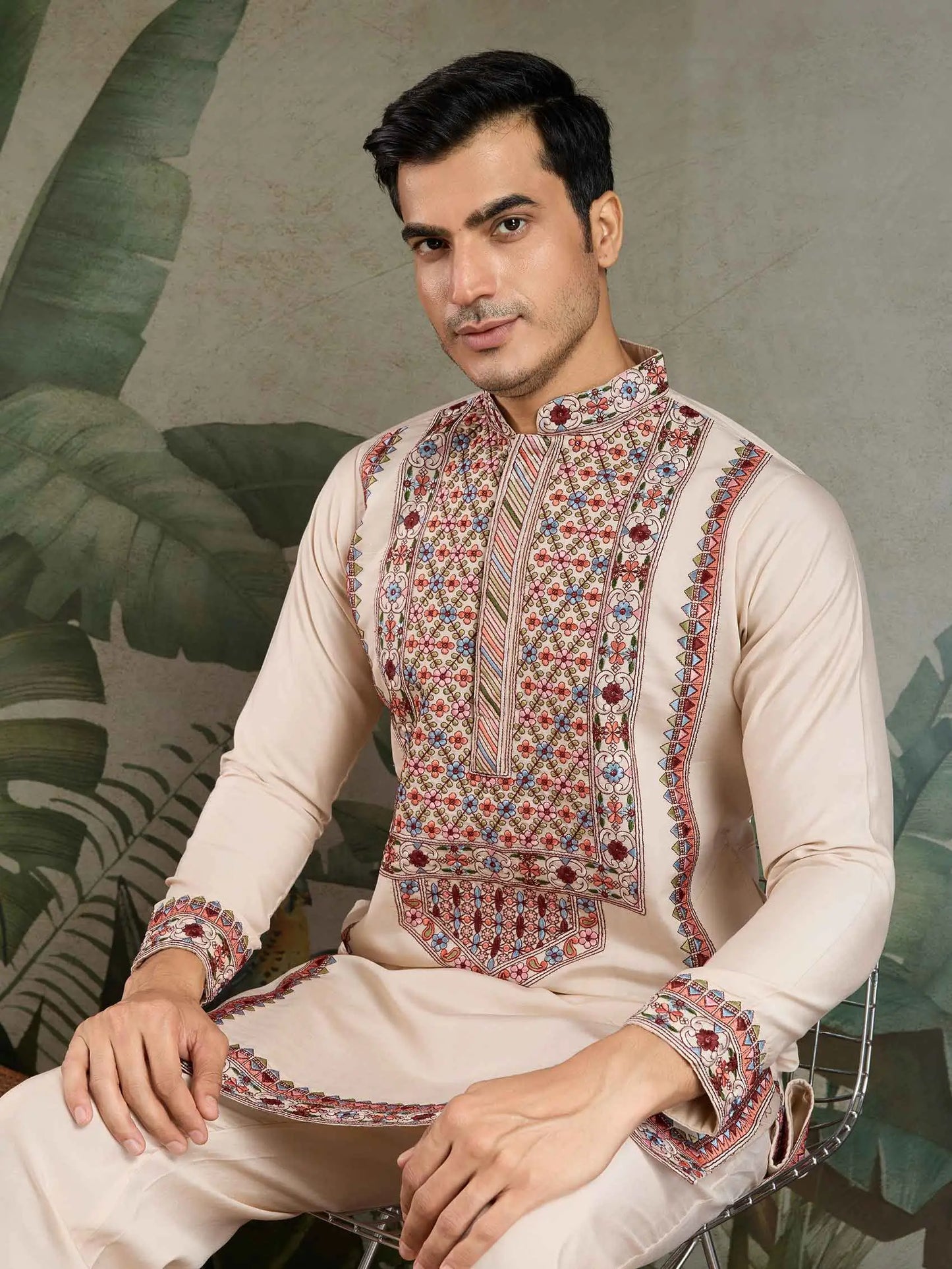 Ivory Festive Wear Kurta Set With Multi Thread Sequins Embroidery Work