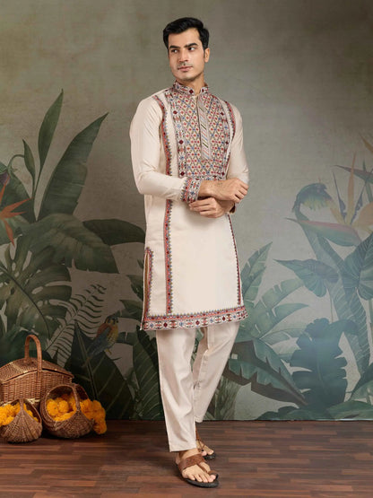 Ivory Festive Wear Kurta Set With Multi Thread Sequins Embroidery Work