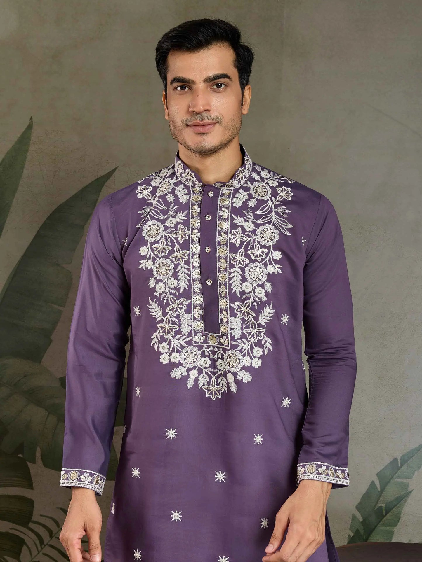 Pastel Purple Thread & Sequins Embroidery Work Rayon Kurta With Pant
