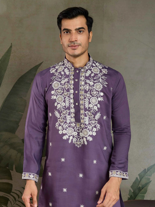 Pastel Purple Thread & Sequins Embroidery Work Rayon Kurta With Pant