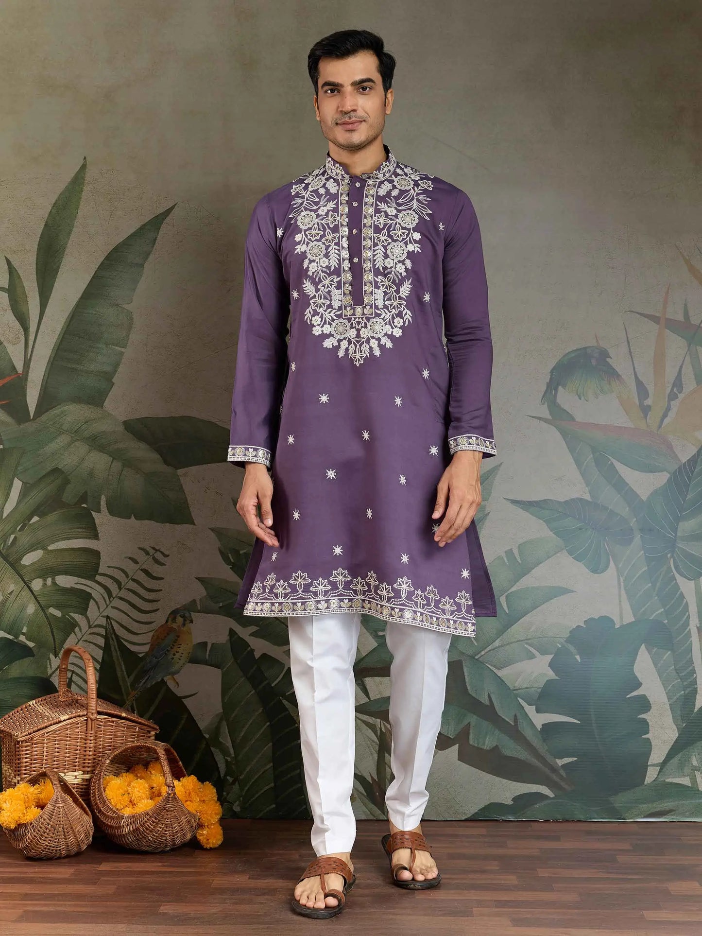 Pastel Purple Thread & Sequins Embroidery Work Rayon Kurta With Pant