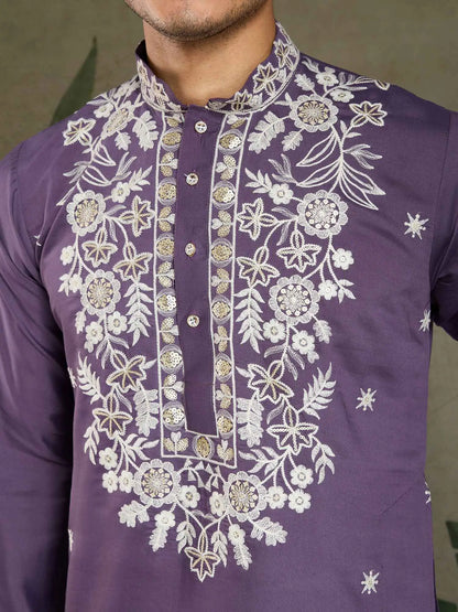 Pastel Purple Thread & Sequins Embroidery Work Rayon Kurta With Pant
