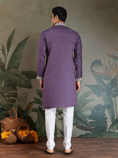 Pastel Purple Thread & Sequins Embroidery Work Rayon Kurta With Pant