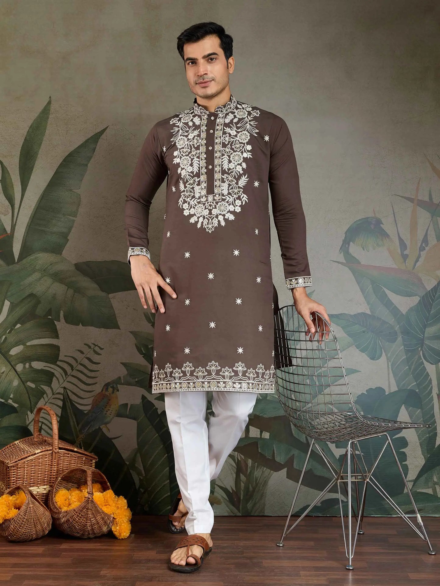 Chocolate Grey Thread & Sequins Embroidery Work Rayon Kurta With Pant