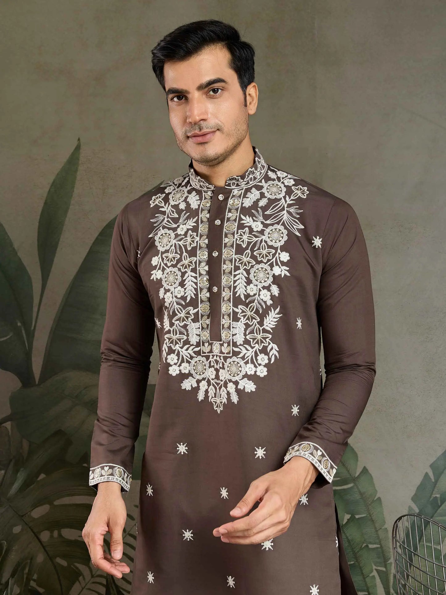 Chocolate Grey Thread & Sequins Embroidery Work Rayon Kurta With Pant