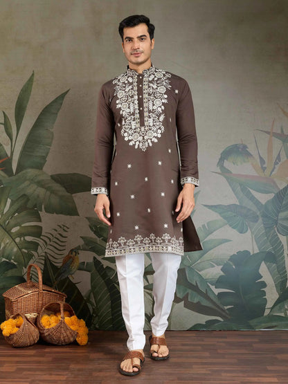 Chocolate Grey Thread & Sequins Embroidery Work Rayon Kurta With Pant
