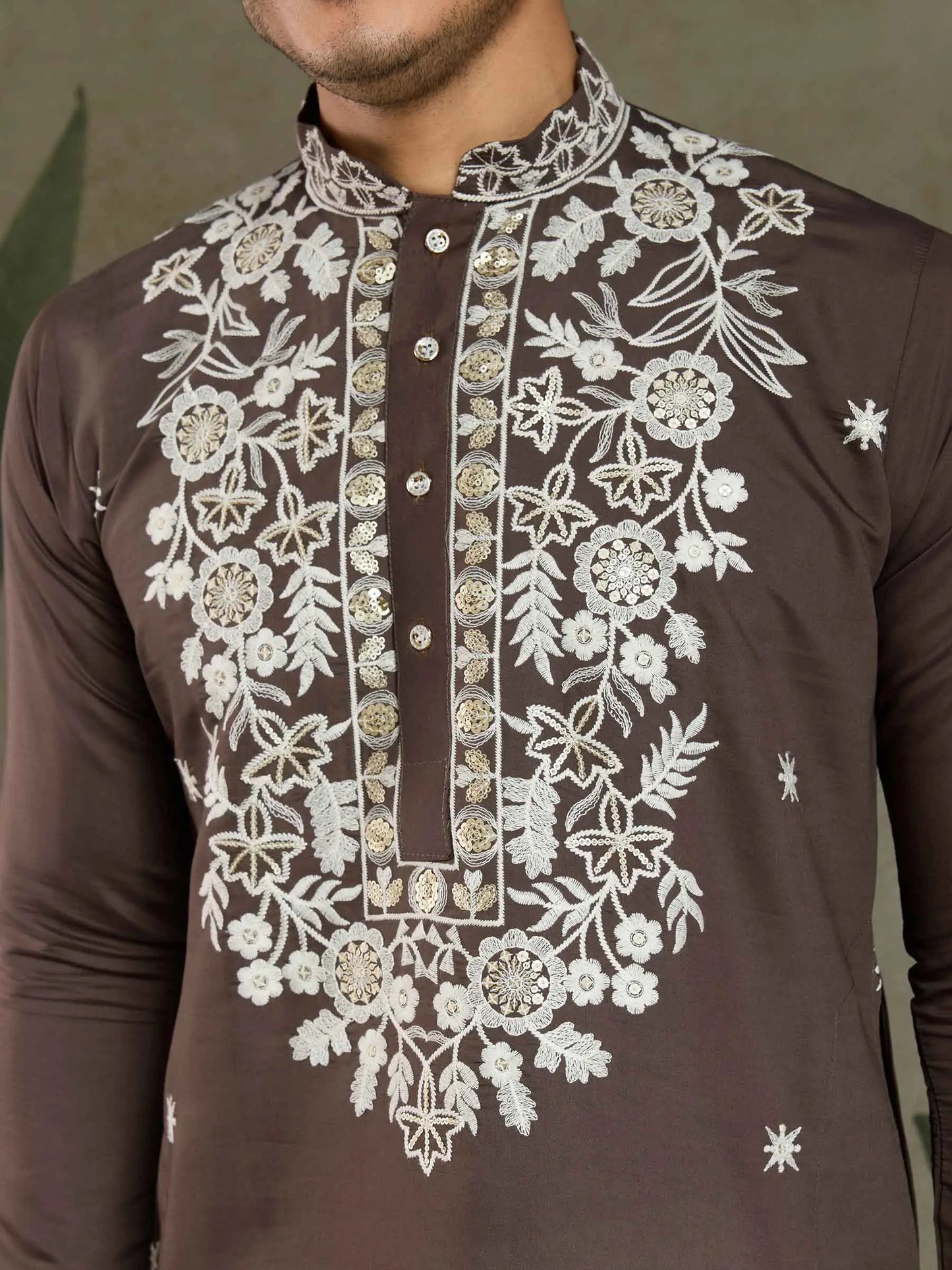 Chocolate Grey Thread & Sequins Embroidery Work Rayon Kurta With Pant