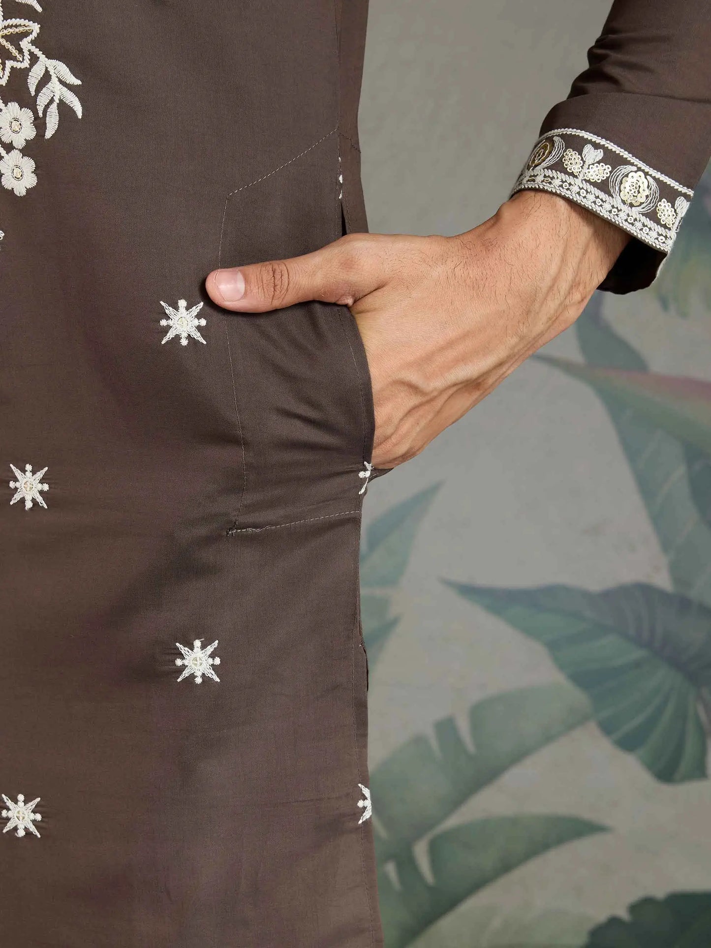 Chocolate Grey Thread & Sequins Embroidery Work Rayon Kurta With Pant