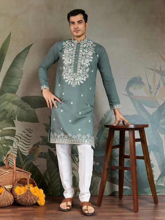 Pastel Pista Thread & Sequins Embroidery Work Rayon Kurta With Pant