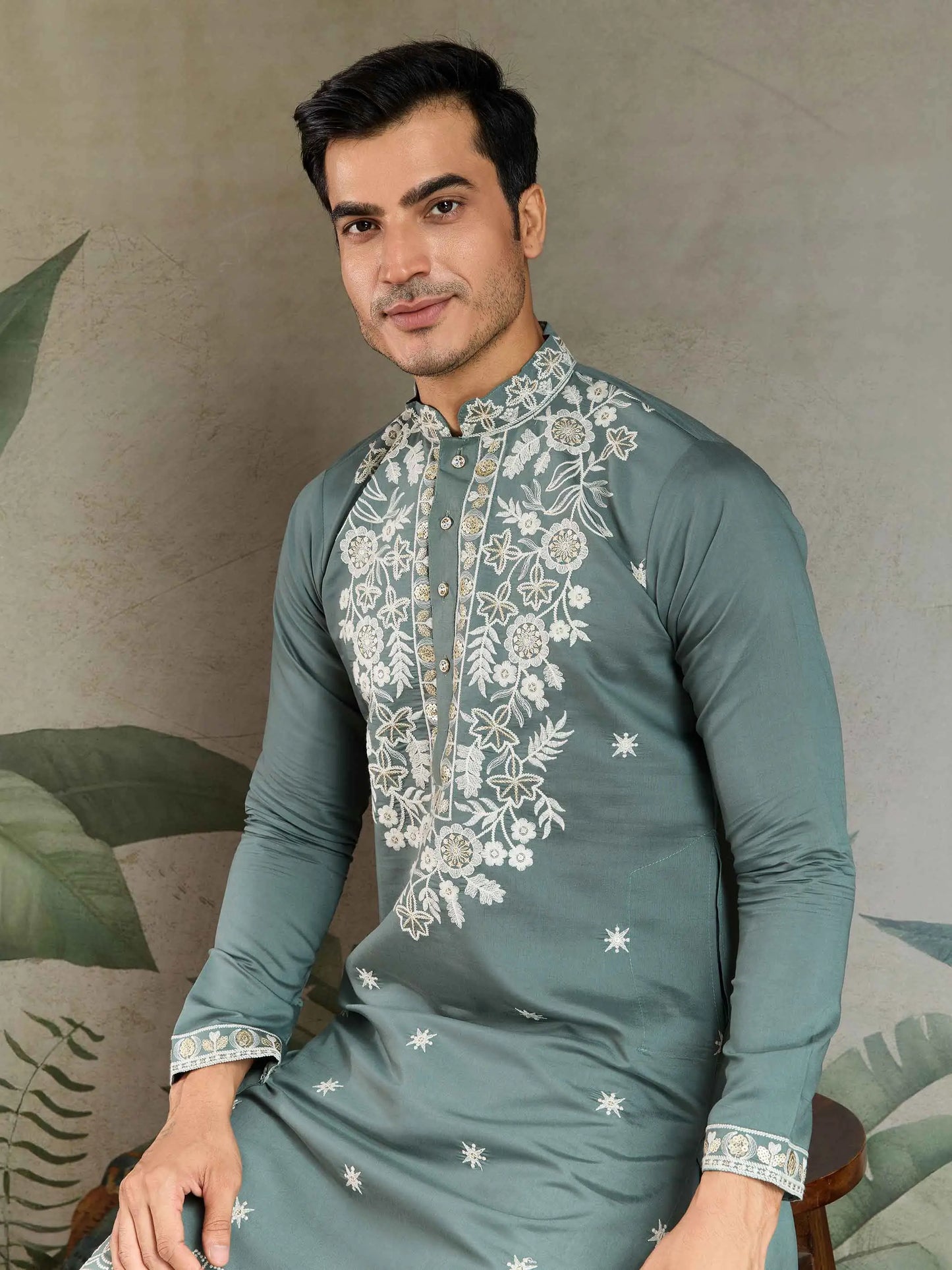 Pastel Pista Thread & Sequins Embroidery Work Rayon Kurta With Pant