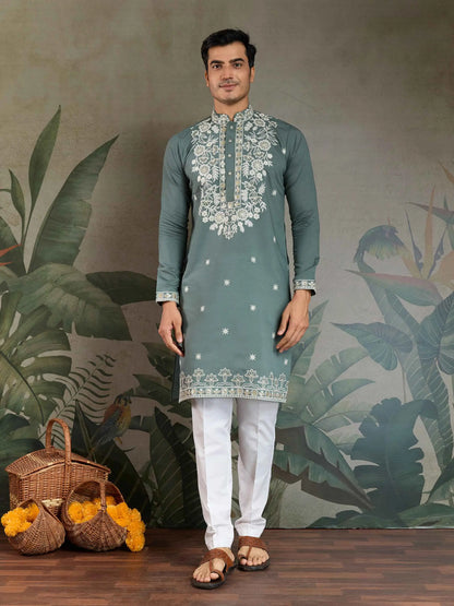 Pastel Pista Thread & Sequins Embroidery Work Rayon Kurta With Pant