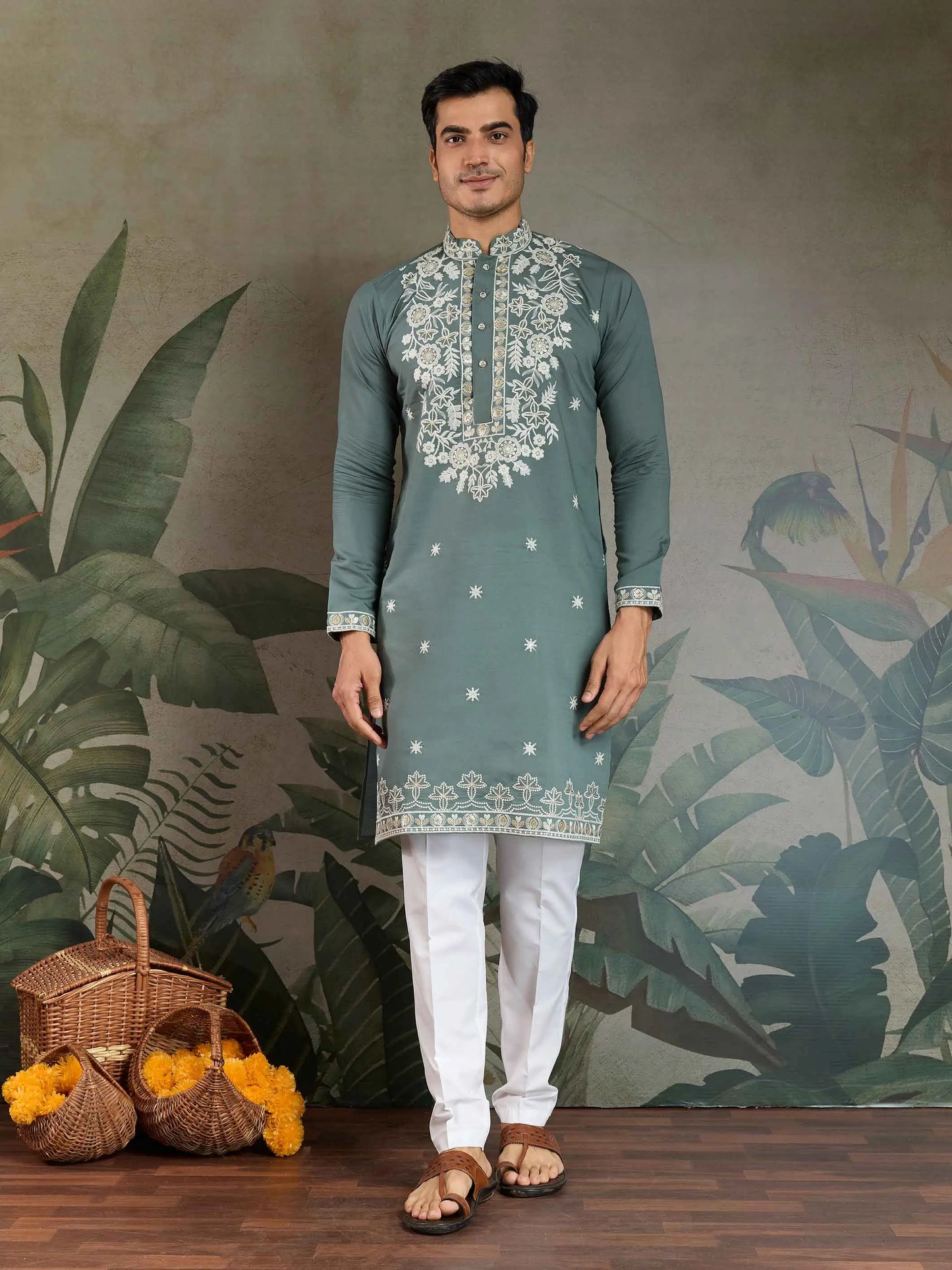 Pastel Pista Thread & Sequins Embroidery Work Rayon Kurta With Pant