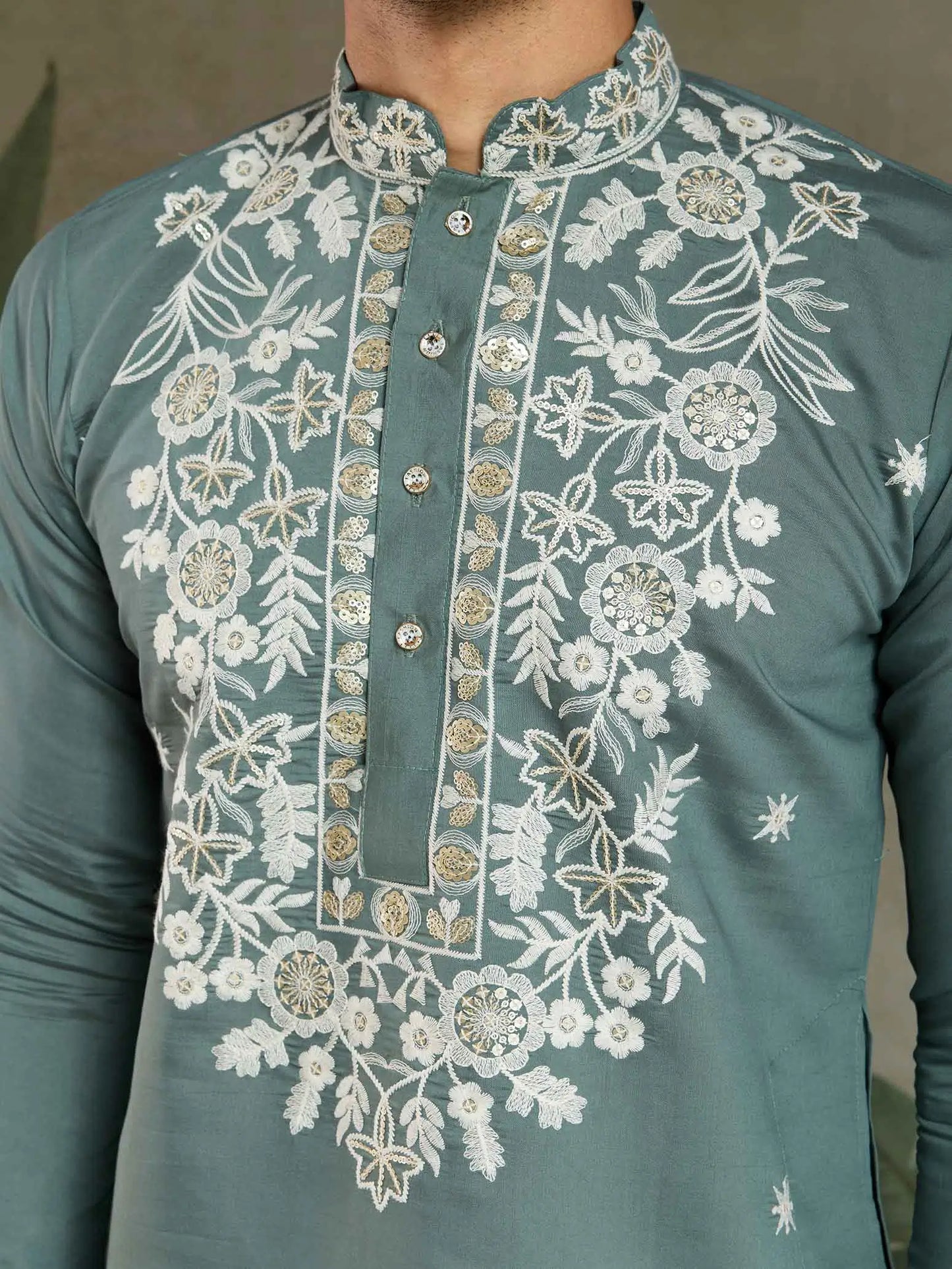 Pastel Pista Thread & Sequins Embroidery Work Rayon Kurta With Pant