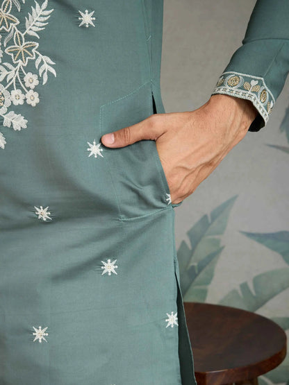 Pastel Pista Thread & Sequins Embroidery Work Rayon Kurta With Pant