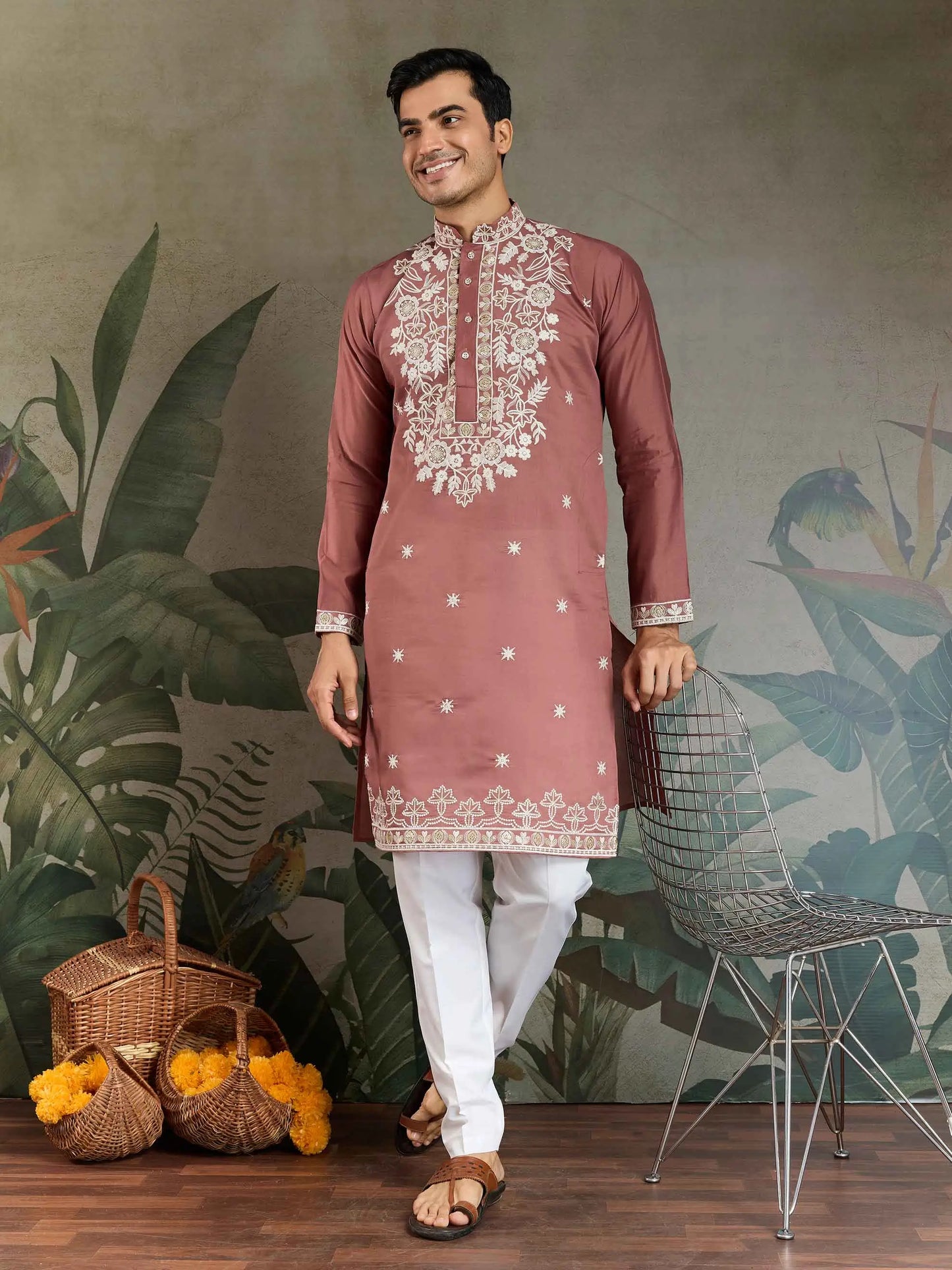 Pinkish Brown Thread & Sequins Embroidery Work Rayon Kurta With Pant