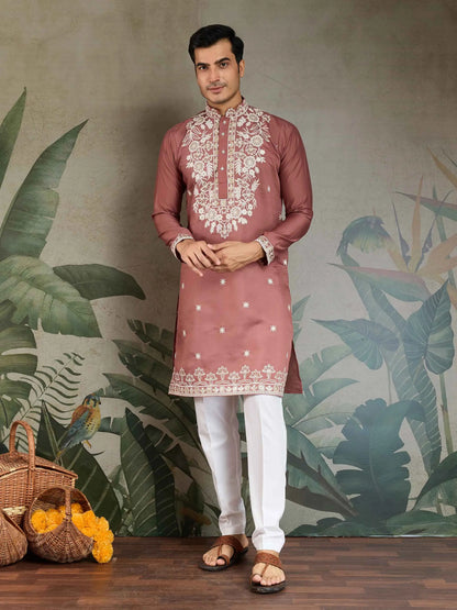 Pinkish Brown Thread & Sequins Embroidery Work Rayon Kurta With Pant