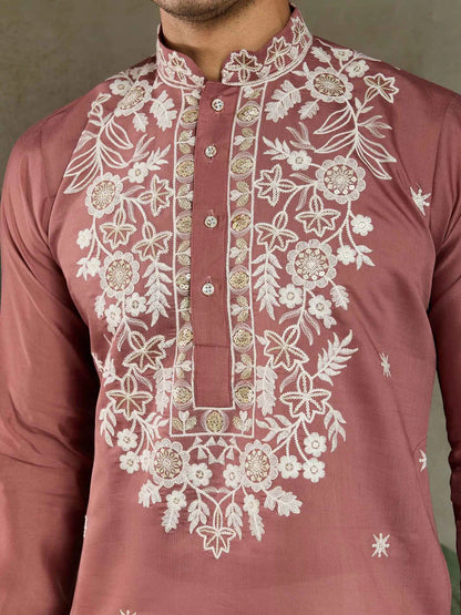 Pinkish Brown Thread & Sequins Embroidery Work Rayon Kurta With Pant