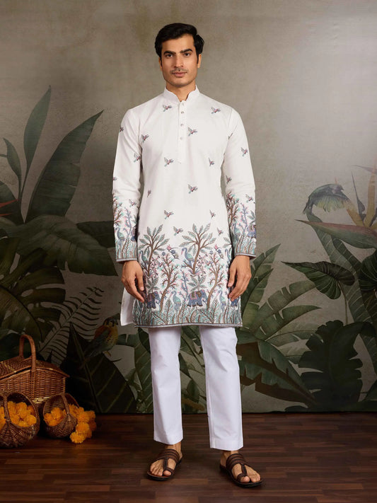 White Silk Kurta Set With Elephant Embroidery Motifs