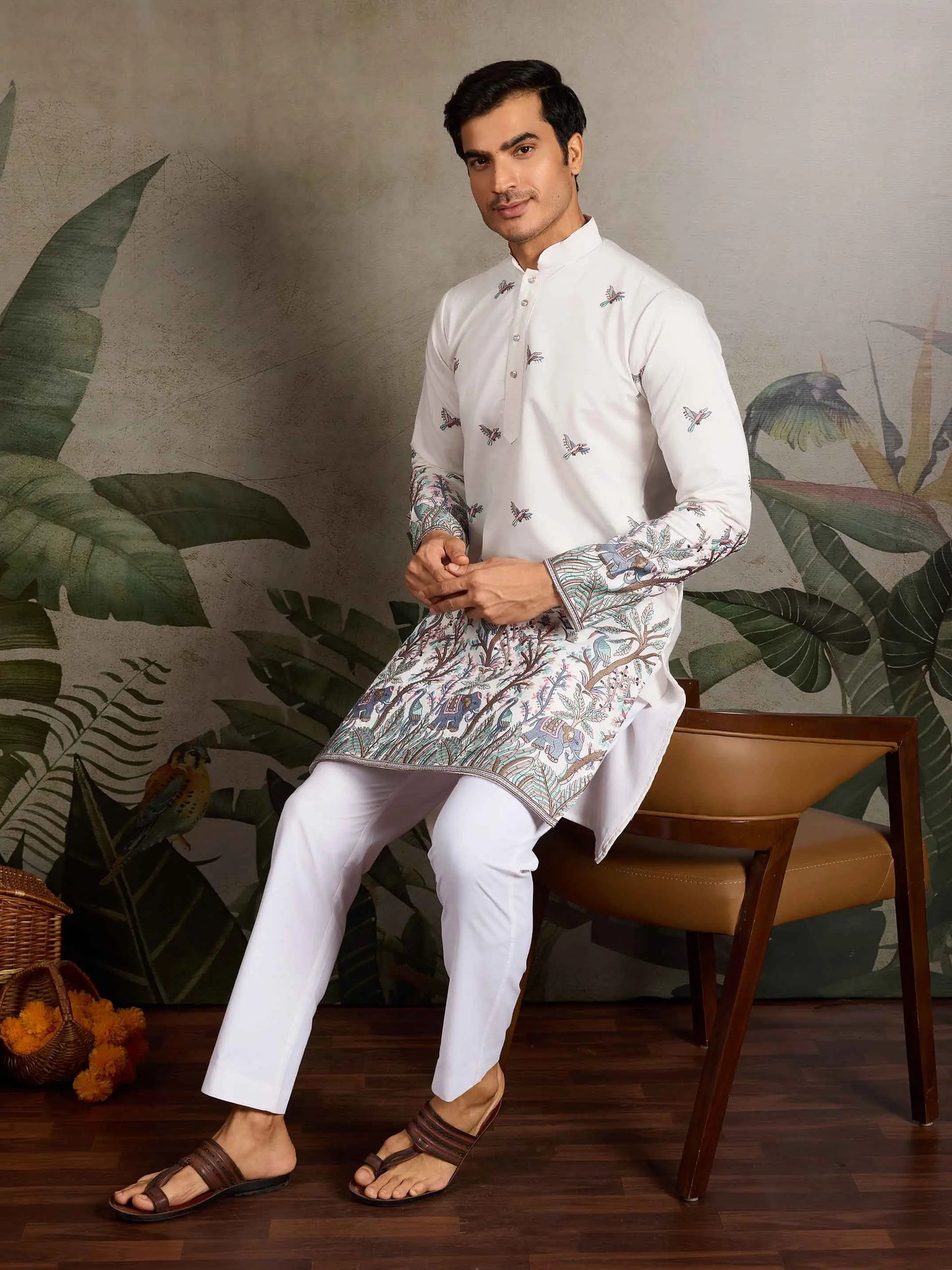 White Silk Kurta Set With Elephant Embroidery Motifs