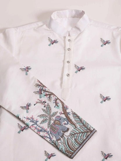 White Silk Kurta Set With Elephant Embroidery Motifs
