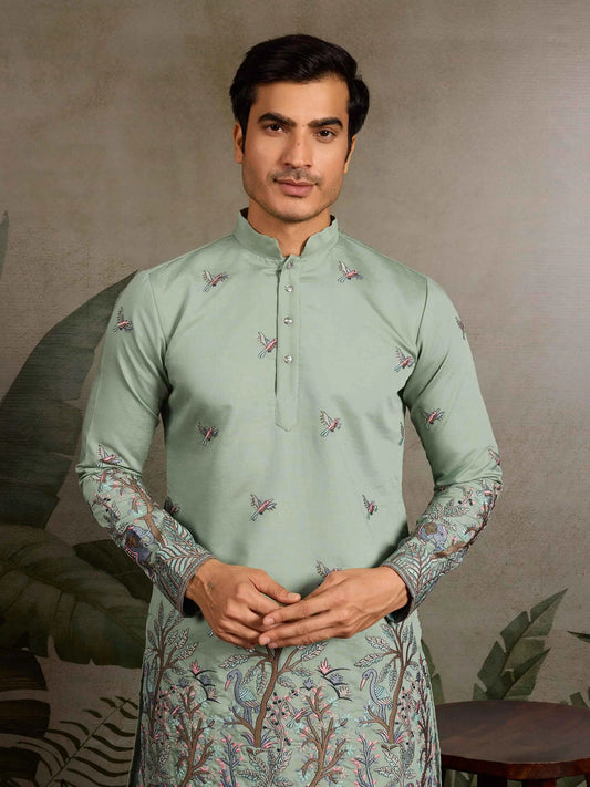 Elegant Pista Kurta Set With Elephant Embroidery Work