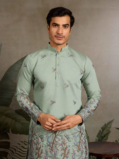 Elegant Pista Kurta Set With Elephant Embroidery Work