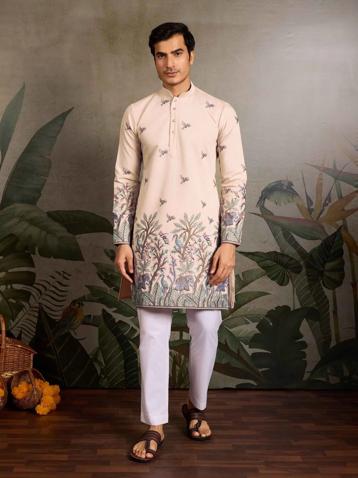 Beige Silk Kurta Set With Elephant Embroidery Work