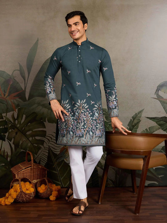 Teal Green Kurta Set With Elephant Embroidery Motifs