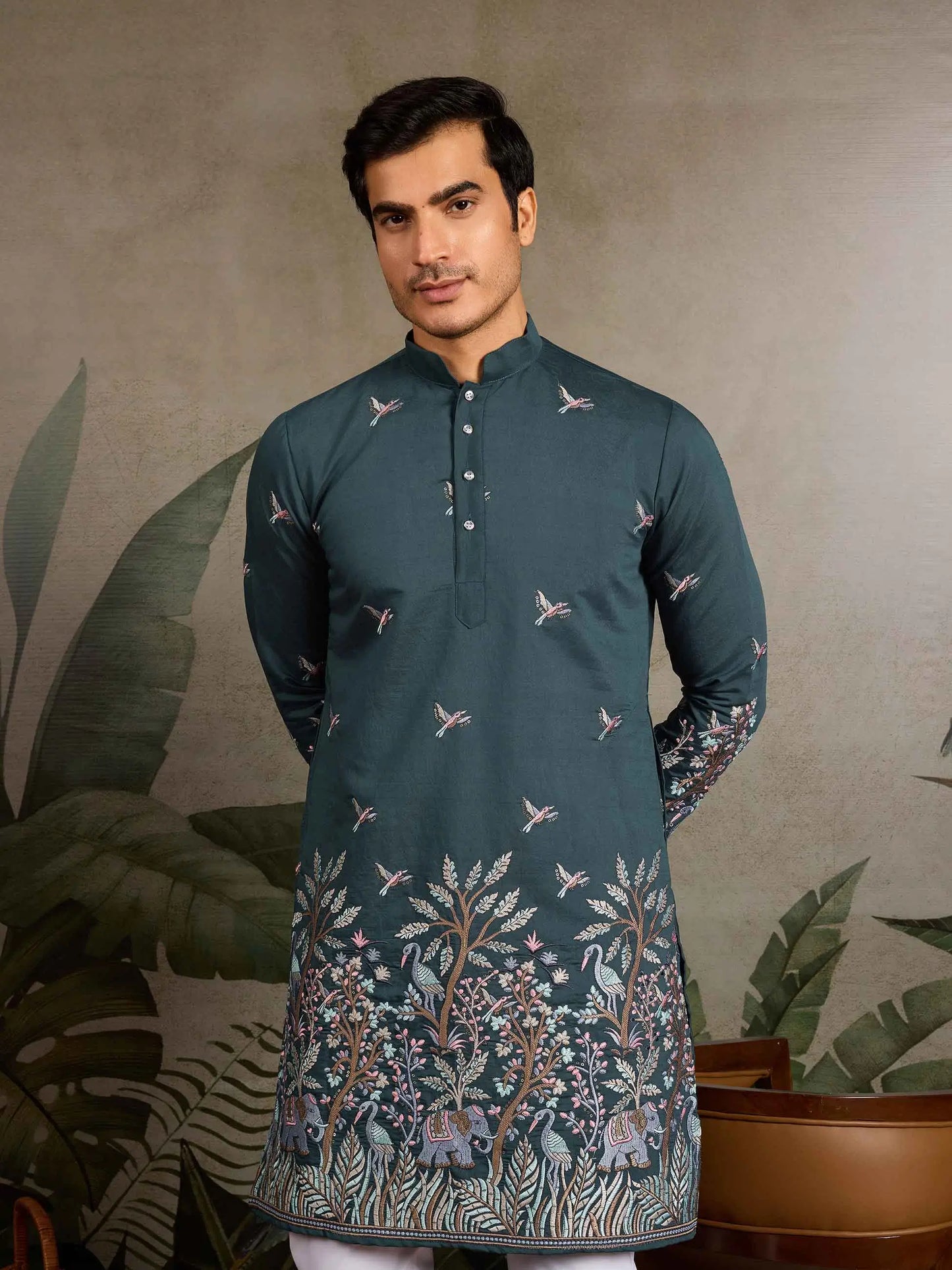 Teal Green Kurta Set With Elephant Embroidery Motifs