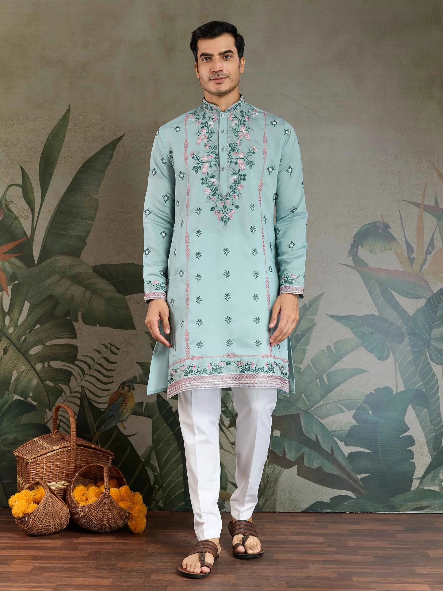 Cadet Blue Viscose Silk Thread And Sequins Embroidery Work Kurta With Pant