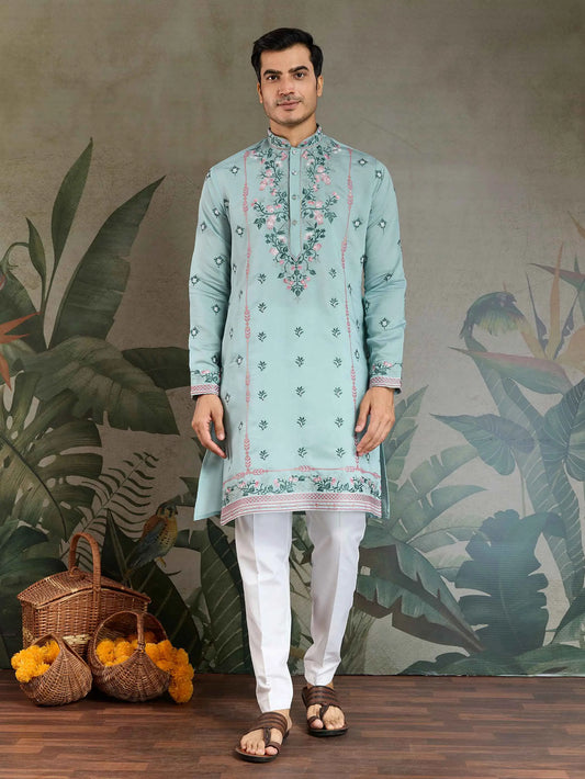 Cadet Blue Viscose Silk Thread And Sequins Embroidery Work Kurta With Pant
