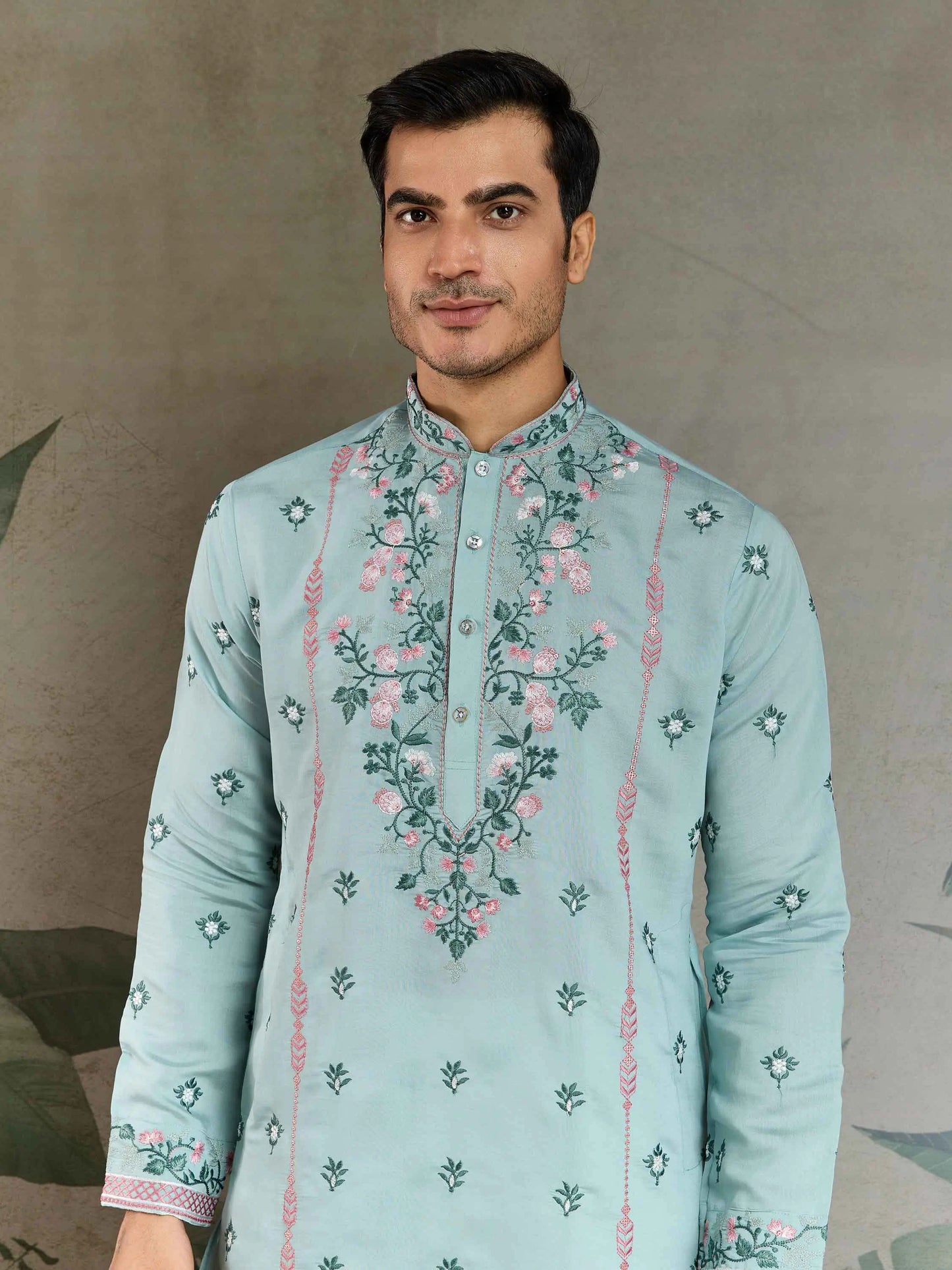 Cadet Blue Viscose Silk Thread And Sequins Embroidery Work Kurta With Pant