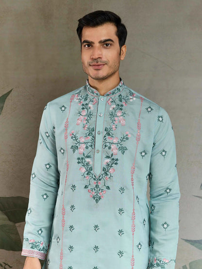 Cadet Blue Viscose Silk Thread And Sequins Embroidery Work Kurta With Pant