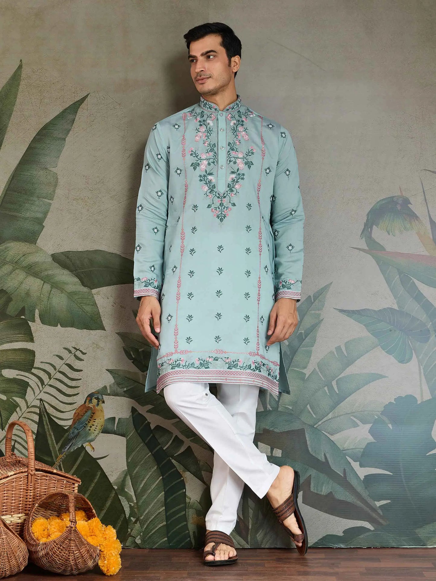 Cadet Blue Viscose Silk Thread And Sequins Embroidery Work Kurta With Pant