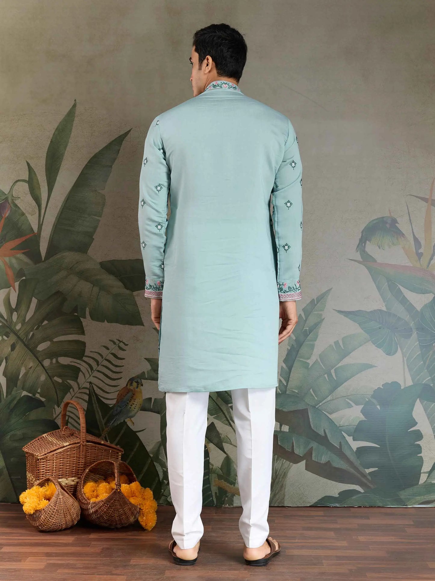 Cadet Blue Viscose Silk Thread And Sequins Embroidery Work Kurta With Pant