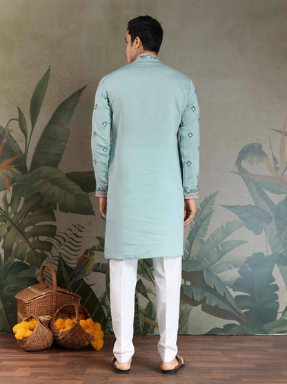 Cadet Blue Viscose Silk Thread And Sequins Embroidery Work Kurta With Pant