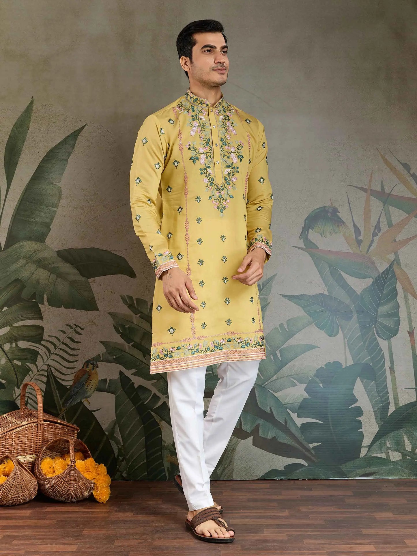 Cool Yellow Viscose Silk Thread And Sequins Embroidery Work Kurta With Pant