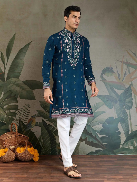 Nile Blue Viscose Silk Thread And Sequins Embroidery Work Kurta With Pant