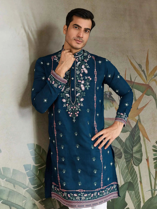 Nile Blue Viscose Silk Thread And Sequins Embroidery Work Kurta With Pant
