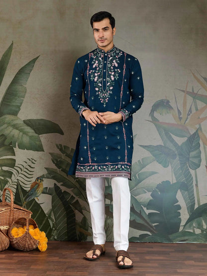 Nile Blue Viscose Silk Thread And Sequins Embroidery Work Kurta With Pant