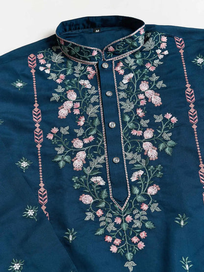 Nile Blue Viscose Silk Thread And Sequins Embroidery Work Kurta With Pant