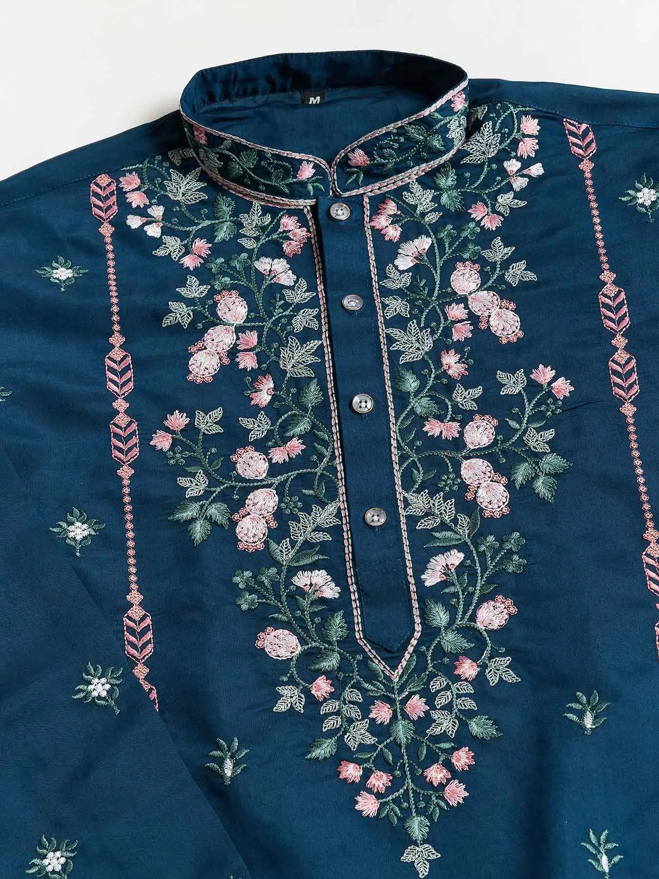 Nile Blue Viscose Silk Thread And Sequins Embroidery Work Kurta With Pant