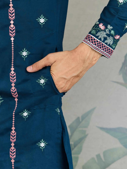 Nile Blue Viscose Silk Thread And Sequins Embroidery Work Kurta With Pant