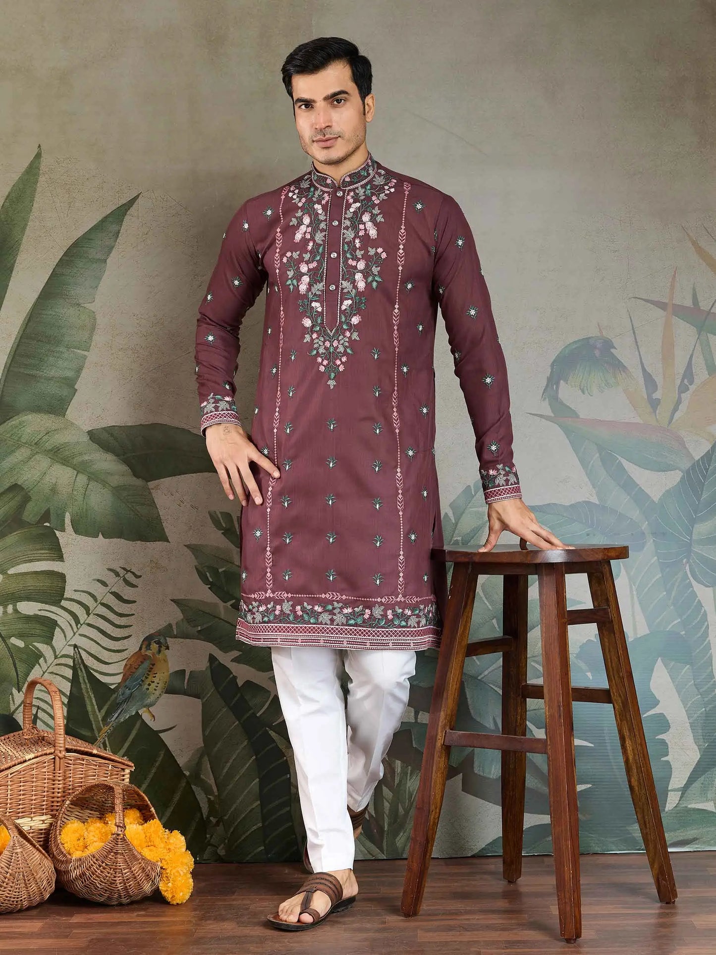 Pastel Chocolate Viscose Silk Thread & Sequins Embroidery Work Kurta With Pant