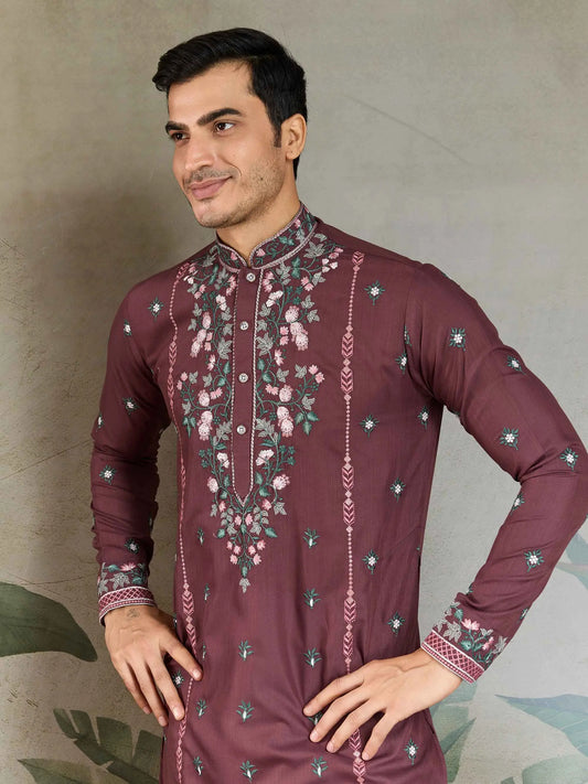 Pastel Chocolate Viscose Silk Thread & Sequins Embroidery Work Kurta With Pant